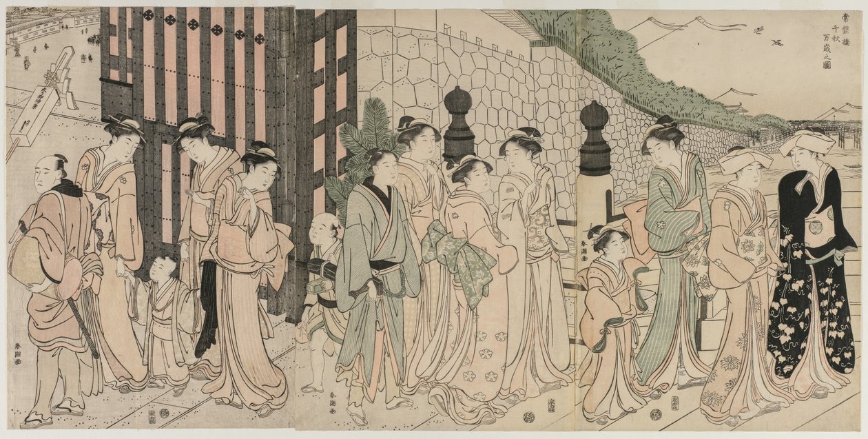Mil otoños, diez mil años en el puente Tokiwa, principios de 1790s de Katsukawa Shuncho