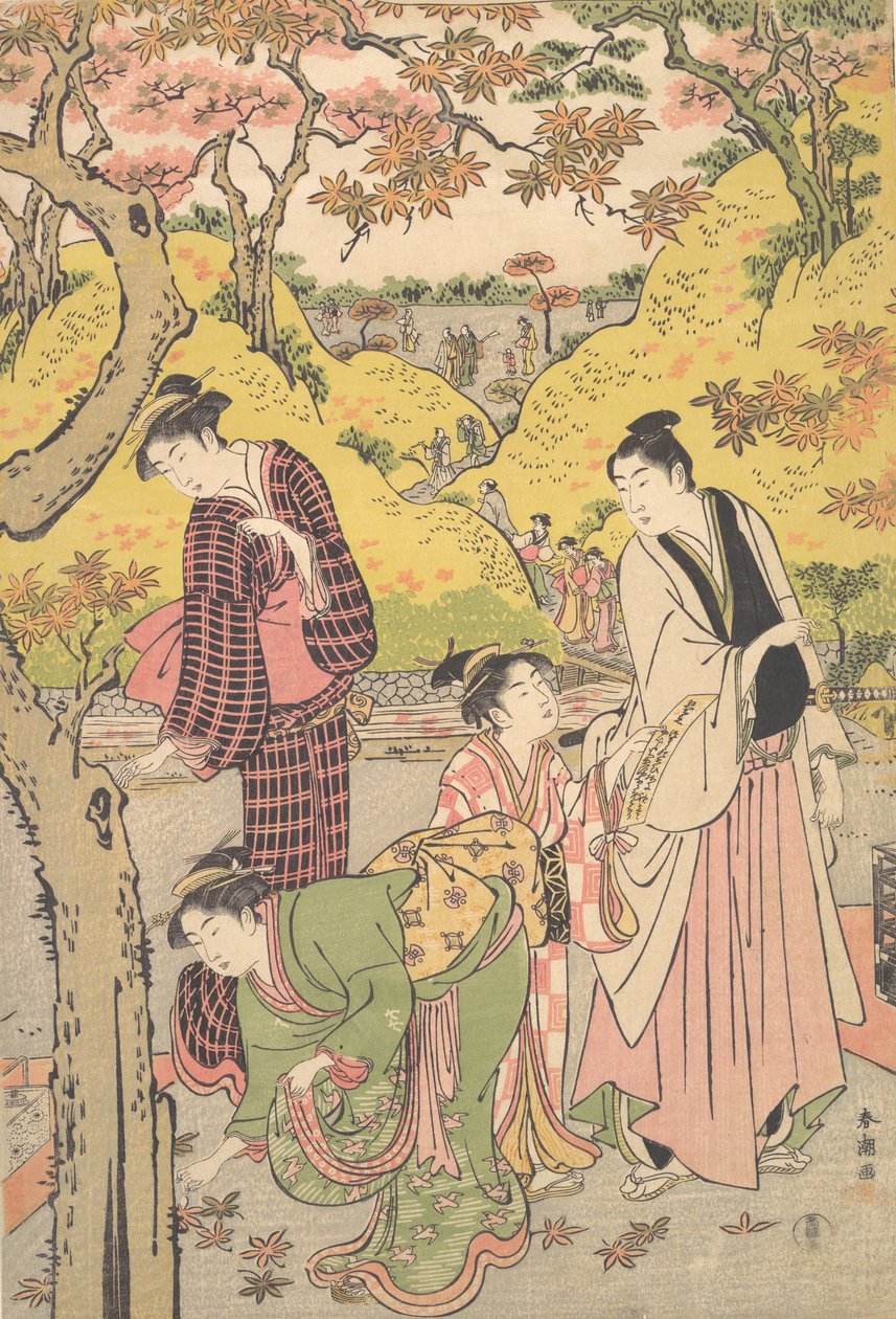 Un Joven, Dos Jóvenes Mujeres y una Niña en una Fiesta de Picnic, ca. 1789 de Katsukawa Shuncho