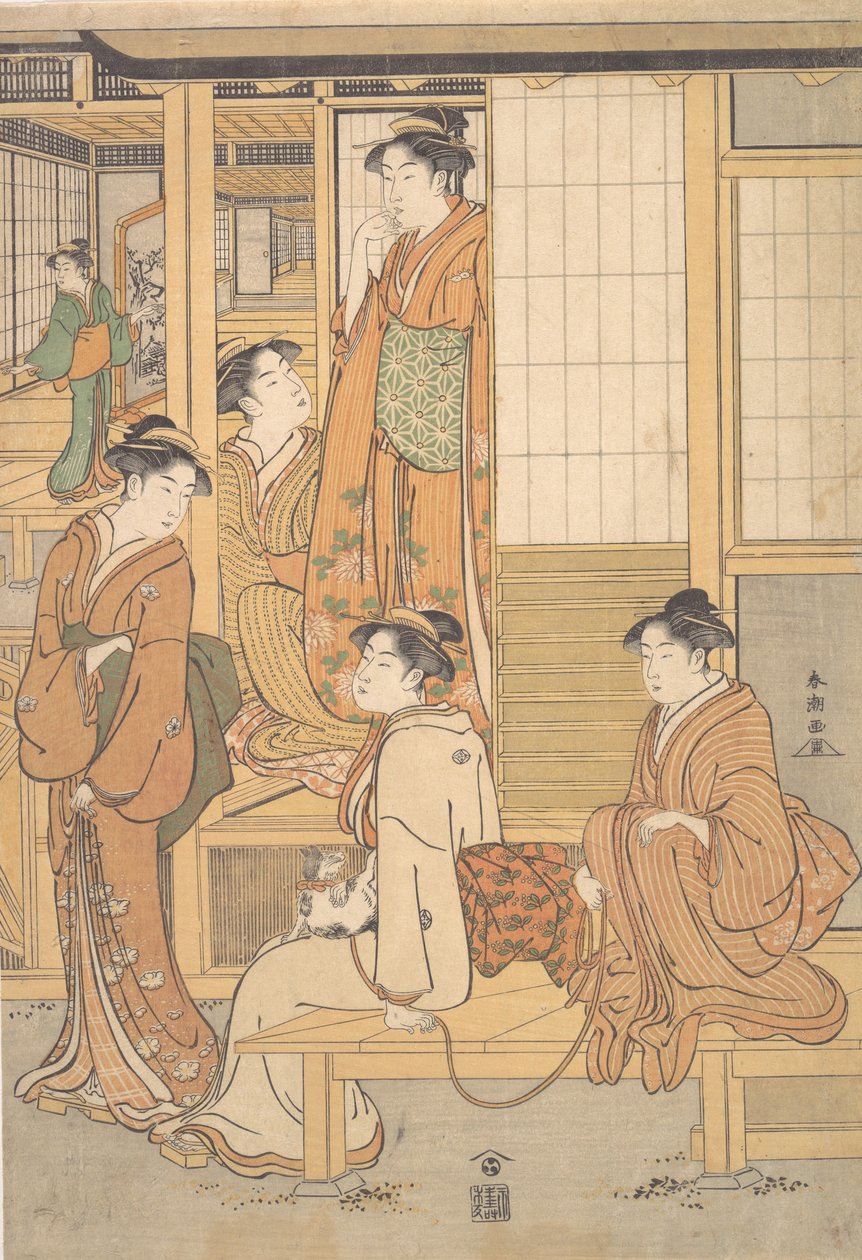 Grupo de mujeres jóvenes en la veranda de una casa de té de Katsukawa Shuncho