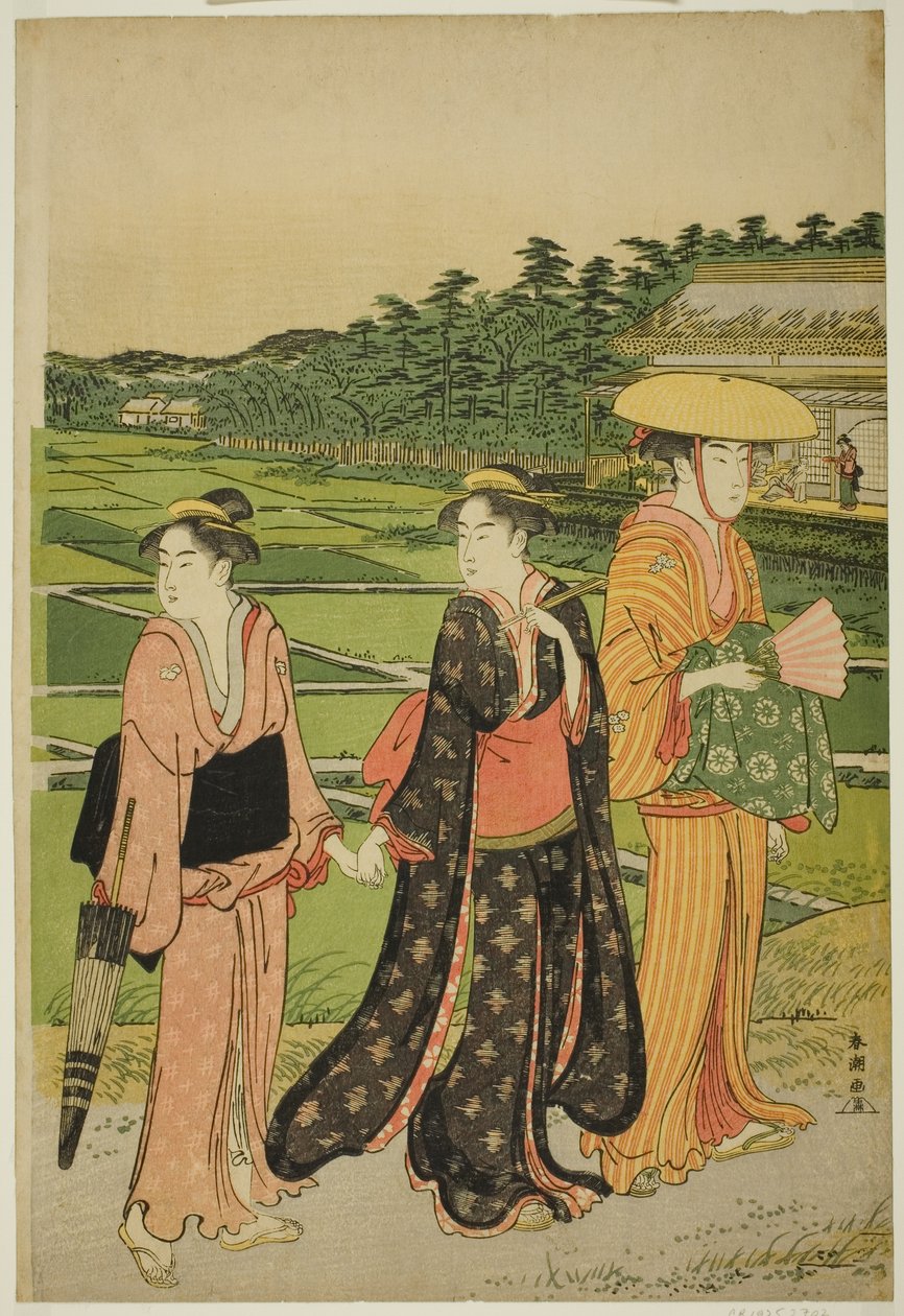 Tres Mujeres cerca de los Campos de Arroz de Katsukawa Shuncho