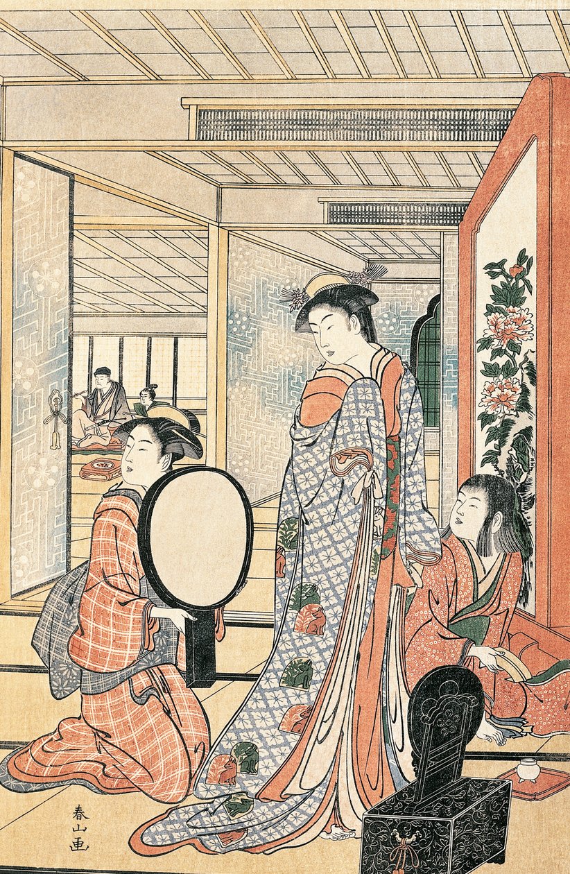 Mujer frente al espejo, por Katsukawa Shunsho, Civilización japonesa de Katsukawa Shuncho