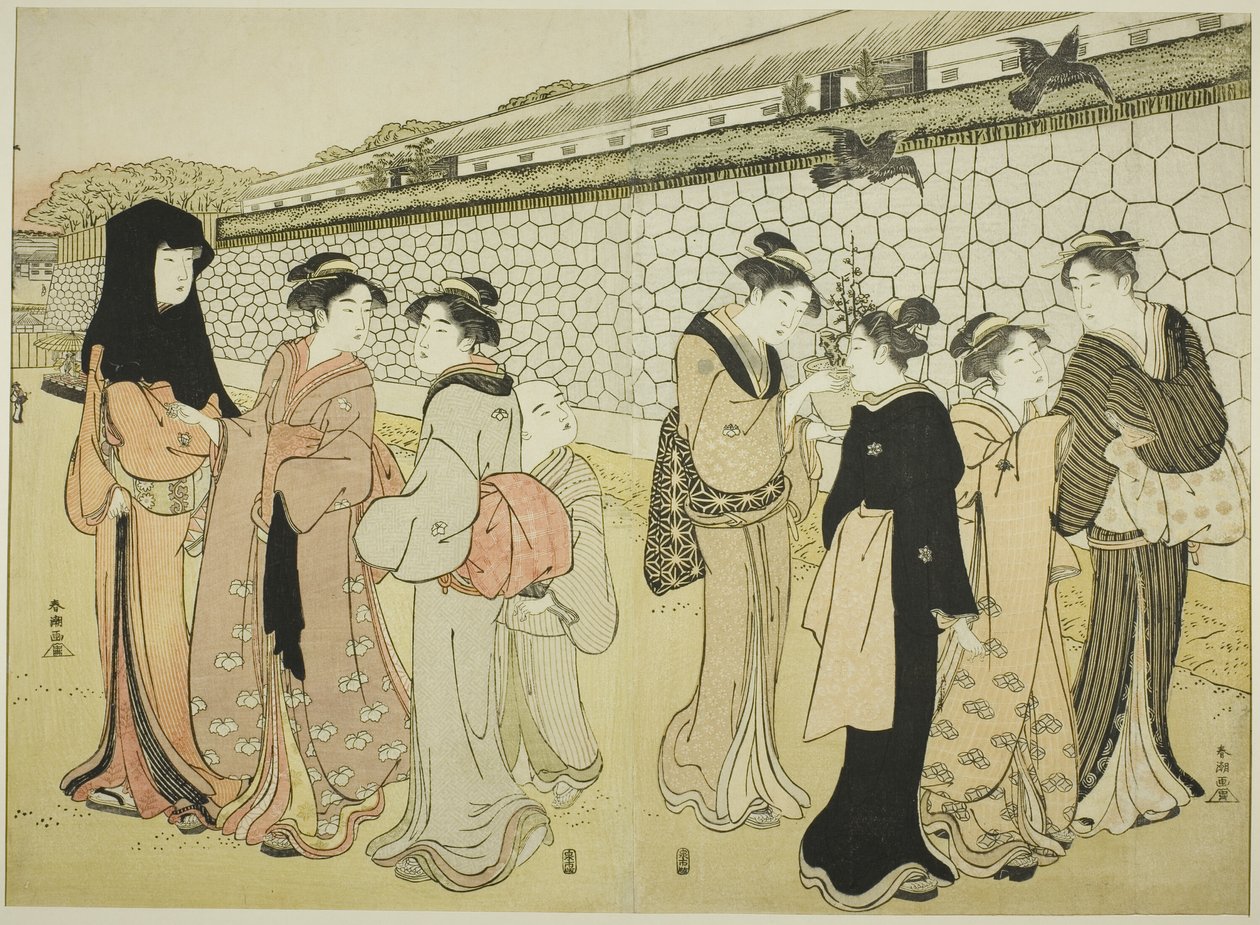 Mujeres caminando junto a un foso de Katsukawa Shuncho