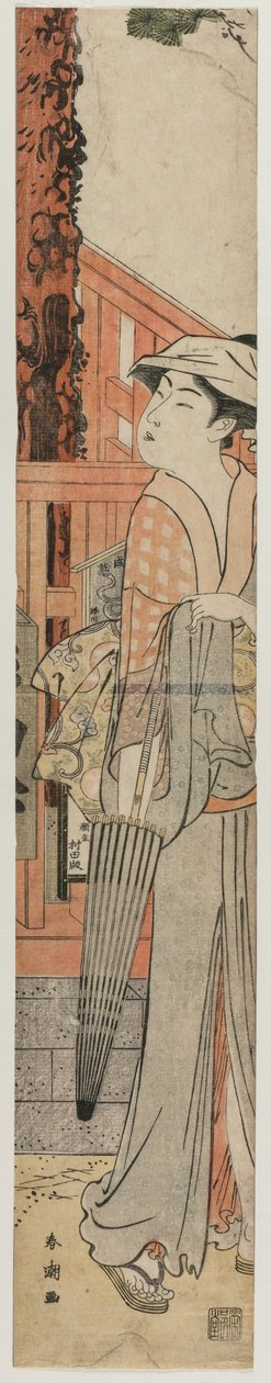 Joven mujer de pie junto a un pino dentro del recinto de un templo de Katsukawa Shuncho