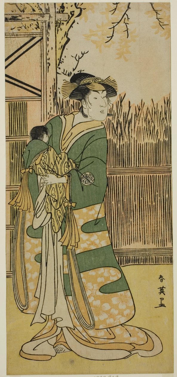 El actor Nakayama Tomisaburo I como Lady Tokiwa (Tokiwa Gozen) () en la obra Kimmenuki Genke no Kakutsuba (), representada en el Teatro Ichimura () en el undécimo mes de 1791 () de Katsukawa Shun
