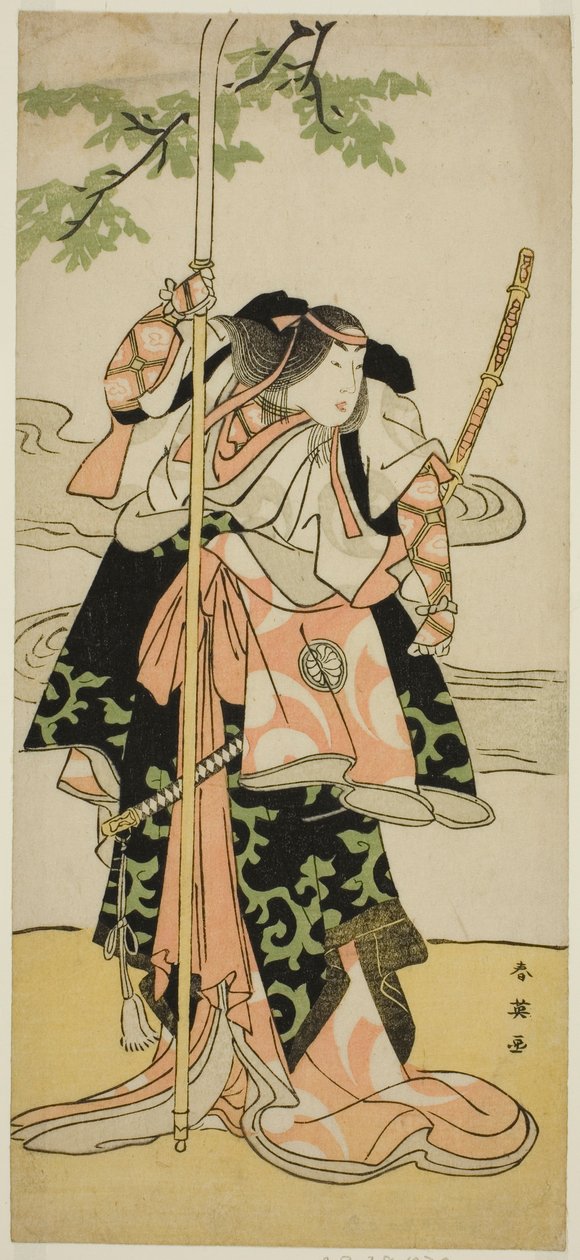 El actor Segawa Kikunojo III como Lady Tomoe (Tomoe Gozen) en la obra Yasa Gumbai Miyako no Jindori, representada en el Teatro Miyako en el undécimo mes de 1793. de Katsukawa Shun