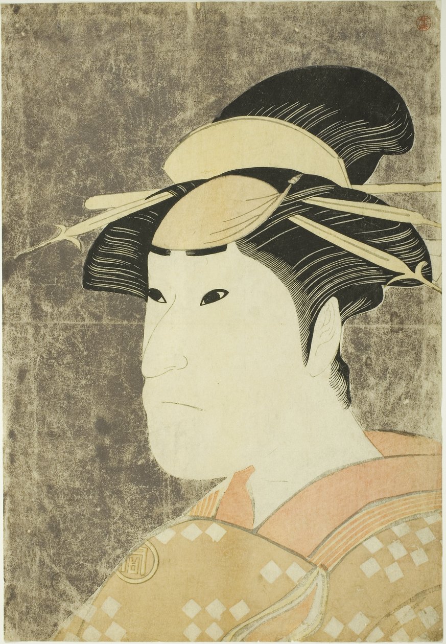 El actor Sanogawa Ichimatsu III como la prostituta Onayo de Gion en la obra "Hana-ayame Bunroku Soga", representada en el Teatro Miyako en el quinto mes de Katsukawa Shunei