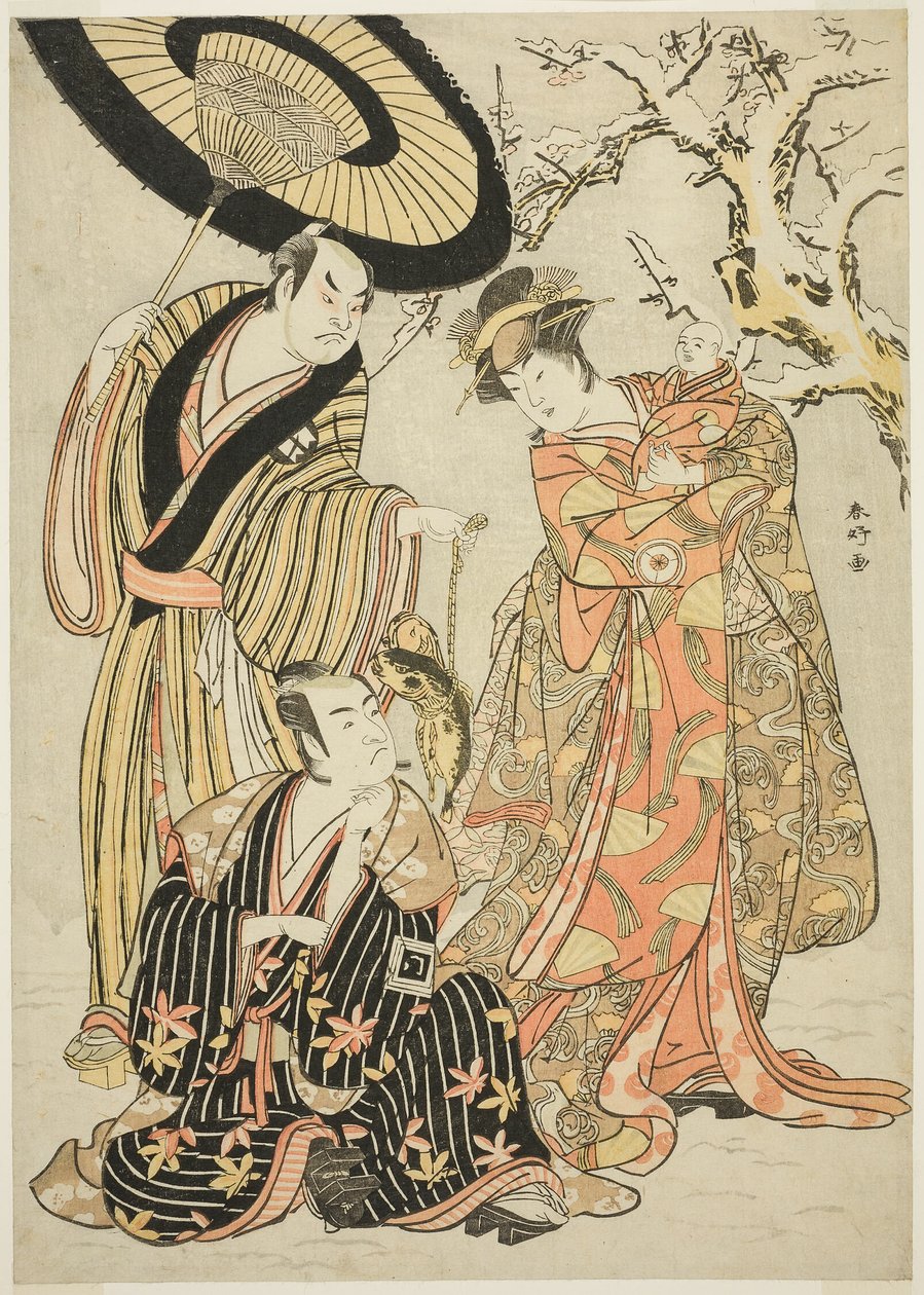 Los actores Iwai Hanshirô IV, Ichikawa Monnosuke II y Sakata Hangorô III, en "Copos de nieve: Elevando el listón en Izu" ("Mutsu no Hana Izu no Hataage") de Katsukawa Shunkо̄