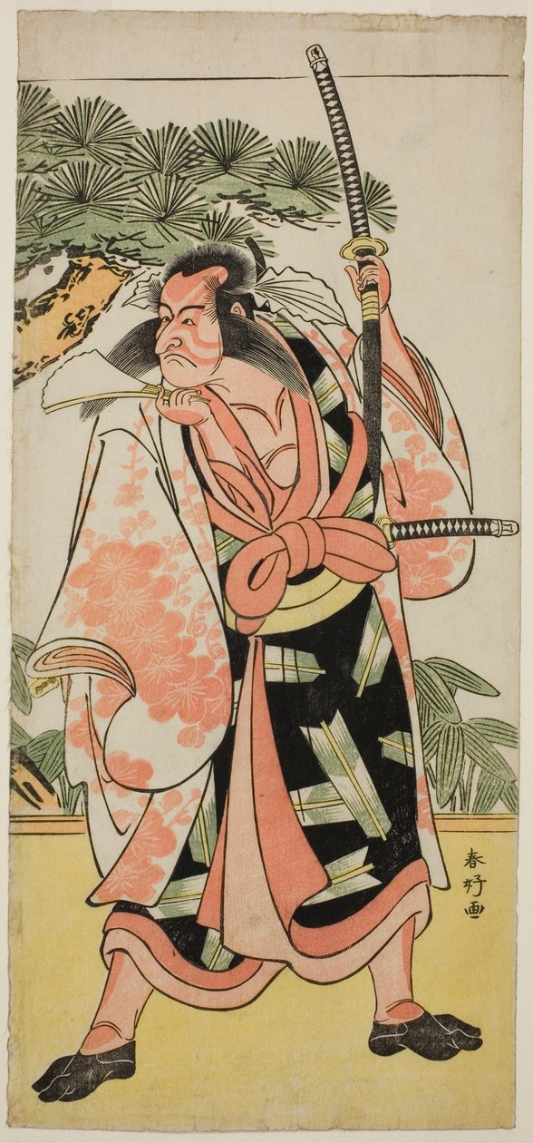 El actor Ichikawa Danjuro V como Kajiwara Genta Kagesue en la obra Yuki Nazuna Saiwai Soga, representada en el Teatro Kiri en el primer mes de 1787. de Katsukawa Shunkо̄