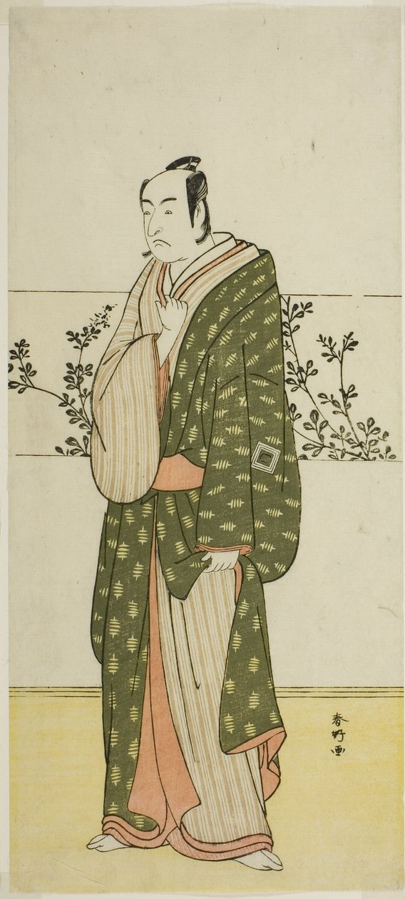 El actor Ichikawa Monnosuke II, posiblemente como Matsuya Soshichi, en la obra Chiyo no Hajime Ondo no Seto (Comienzos de la eternidad: El estrecho de Ondo en el mar interior de Seto) (), representada en el Teatro Kiri a partir del vigésimo séptimo día del de Katsukawa Shunkо̄