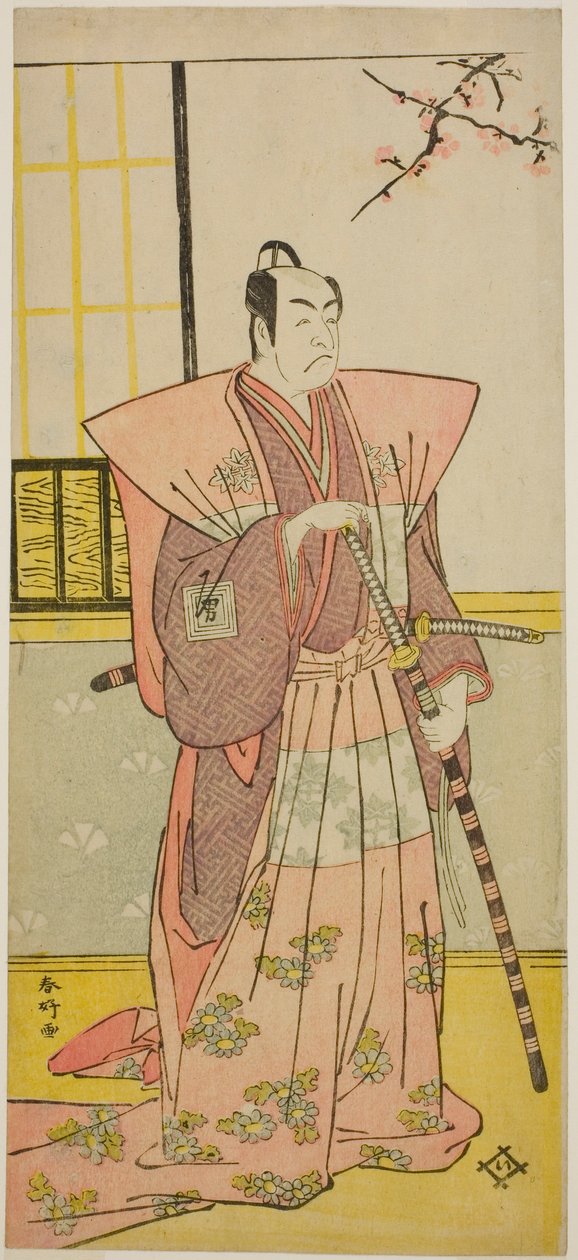 El actor Ichikawa Omezo I como Koyurugi Motomenosuke () en la obra Haru no Nishiki Date-zome Soga (), representada en el Teatro Nakamura () en el primer mes de 1790 () de Katsukawa Shunkо̄