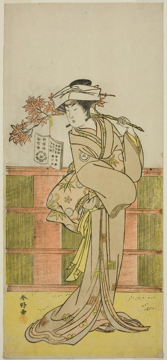 El actor Iwai Hanshiro IV como Umegae disfrazado de la adivina Omatsu en la obra Mukashi Otoko Yuki no Hinagata, representada en el Teatro Ichimura en el undécimo mes de 1781. de Katsukawa Shunkо̄
