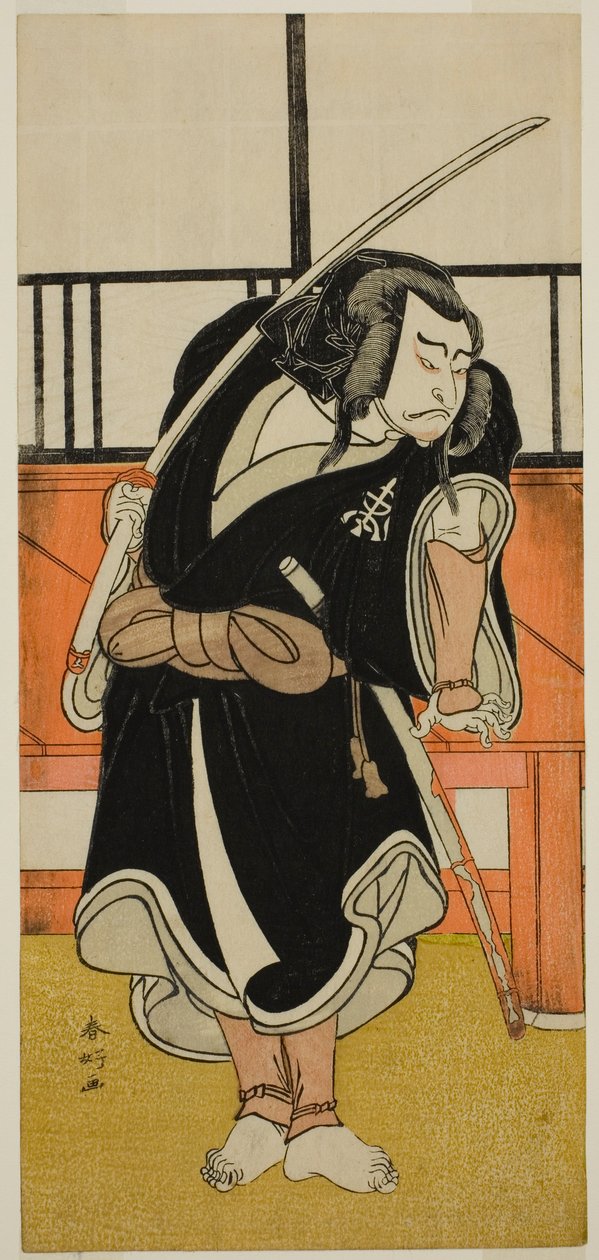 El actor Nakamura Nakazo I como Aso no Matsuwaka () en la obra Iro Moyo Aoyagi Soga (), representada en el Teatro Nakamura () en el segundo mes de 1775 () de Katsukawa Shunkо̄
