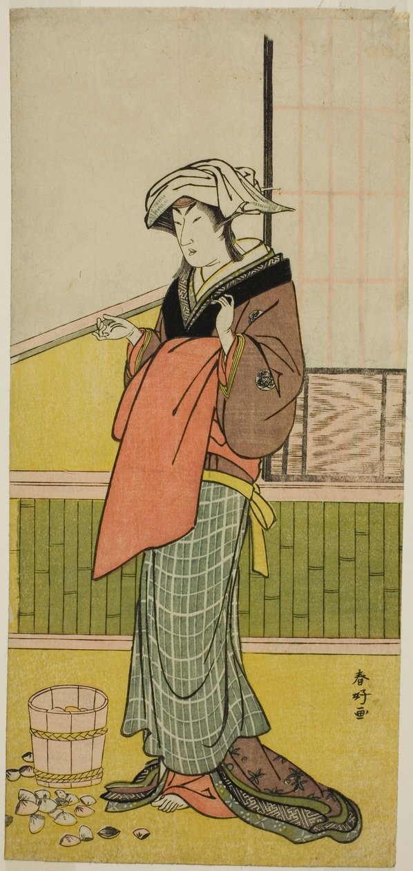 El actor Nakamura Riko I como Moshio () en la obra Honda Yayoi Meoto Junrei (), representada en el Teatro Ichimura () en el séptimo mes de 1778 () de Katsukawa Shunkо̄