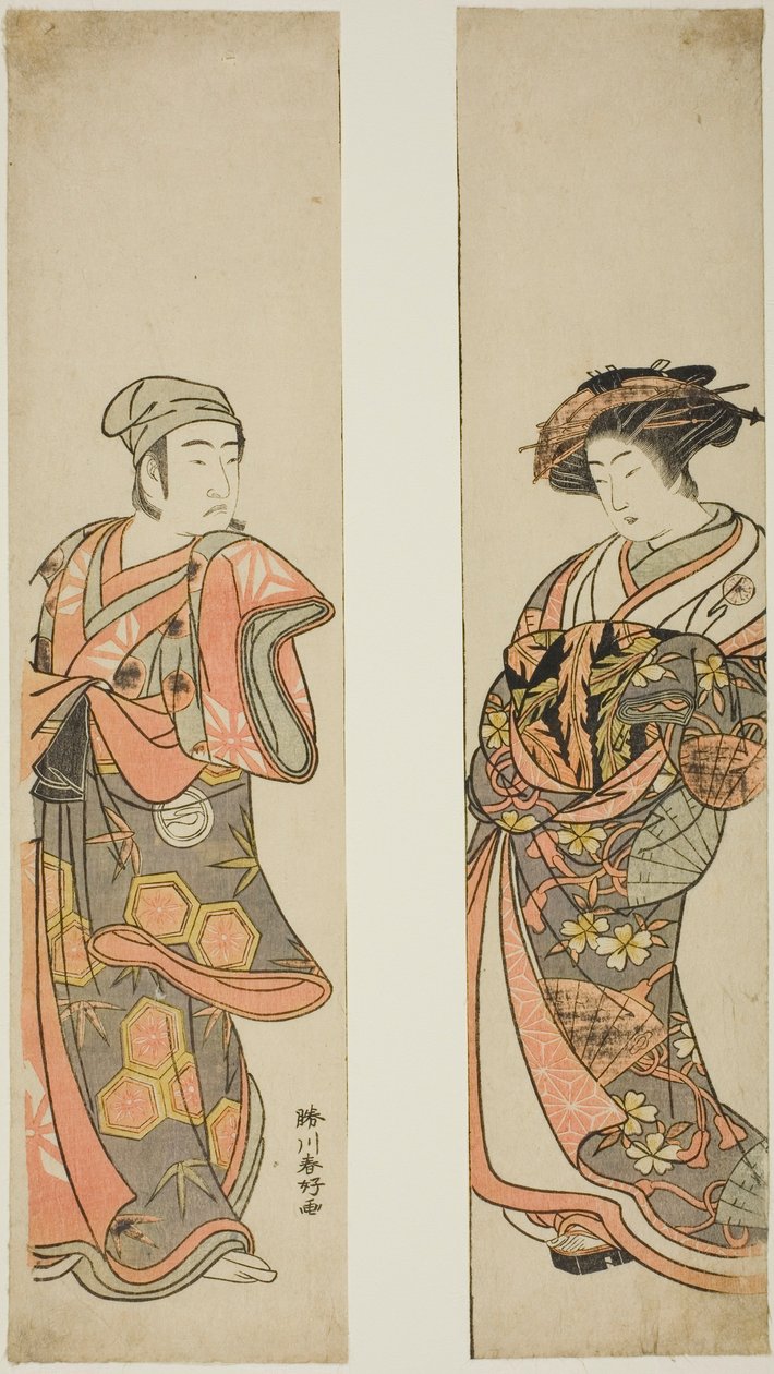 El actor Nakamura Tomijuro I como cortesano (derecha) y Sawamura Sojuro III como Oyamada Taro () disfrazado de Tarosaku de la aldea de Oyamada (izquierda) en la obra "Azuma no Mori Sakae Kusunoki", representada en el Teatro Ichimura en el undécimo mes de 1 de Katsukawa Shunkо̄