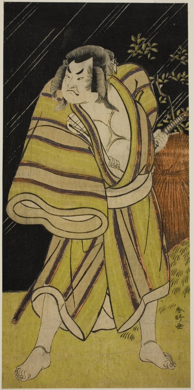 El actor Sakata Hangoro II como el luchador de sumo Kujaku Saburo Narihira () en la obra Sugata no Hana Yuki no Kuronushi (), representada en el Teatro Ichimura () en el undécimo mes de 1776 () de Katsukawa Shunkо̄