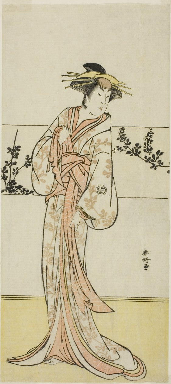 El actor Segawa Kikunojo III, posiblemente como la cortesana Kojoro de Hakata, en la obra Chiyo no Hajime Ondo no Seto (Comienzos de la eternidad: El estrecho de Ondo en el mar interior de Seto) (), representada en el Teatro Kiri desde el vigésimo séptimo  de Katsukawa Shunkо̄