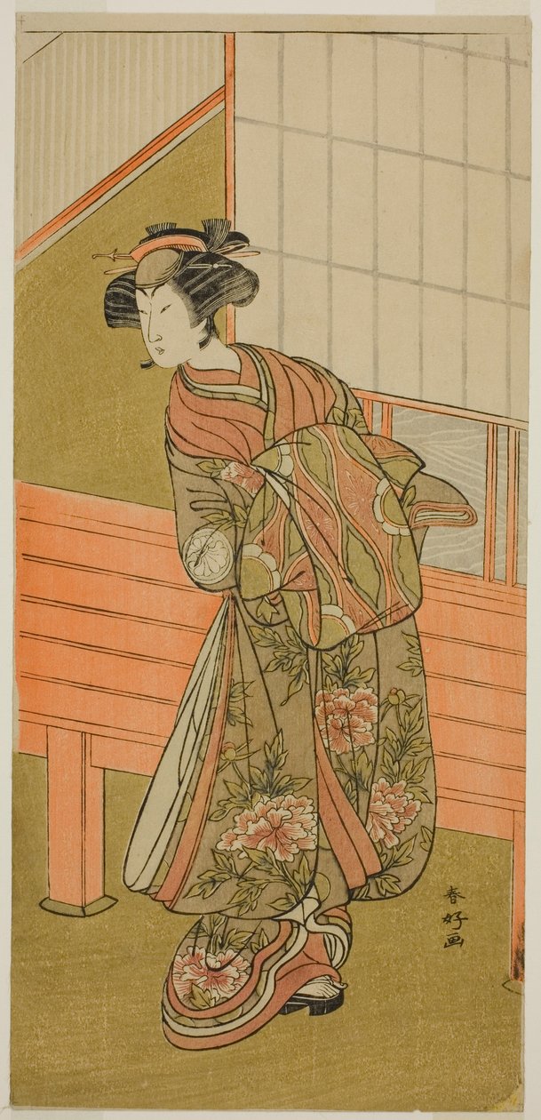 El actor Segawa Kikunojo III como la cortesana Takamura de Onoteruya () en la obra Sugata no Hana Yuki no Kuromushi (), representada en el Teatro Ichimura () en el undécimo mes de 1776 () de Katsukawa Shunkо̄