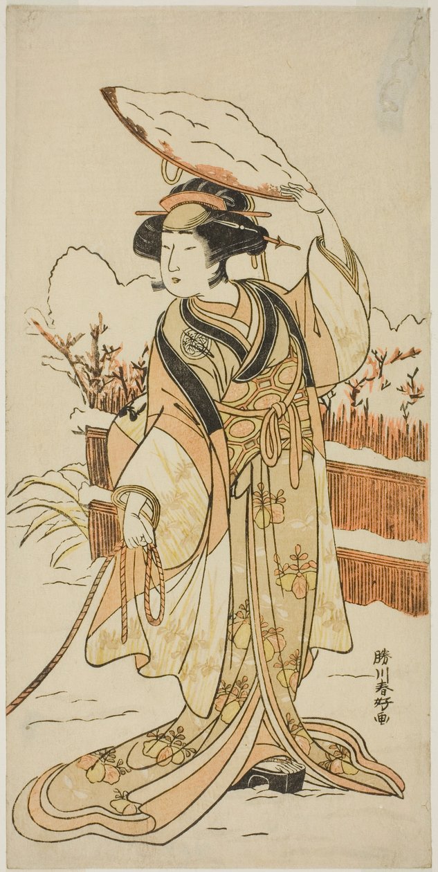 La actriz Yoshizawa Ayame IV como Yadorigi, la hermana de Nikaido Shinanosuke, disfrazada de Orie, la esposa de Aoto Magosaburo, en la segunda parte de la obra Motomishi Yuki Sakae Hachi no Ki (Mirando la nieve que cae: Árboles en macetas que crecen), repr de Katsukawa Shunkо̄