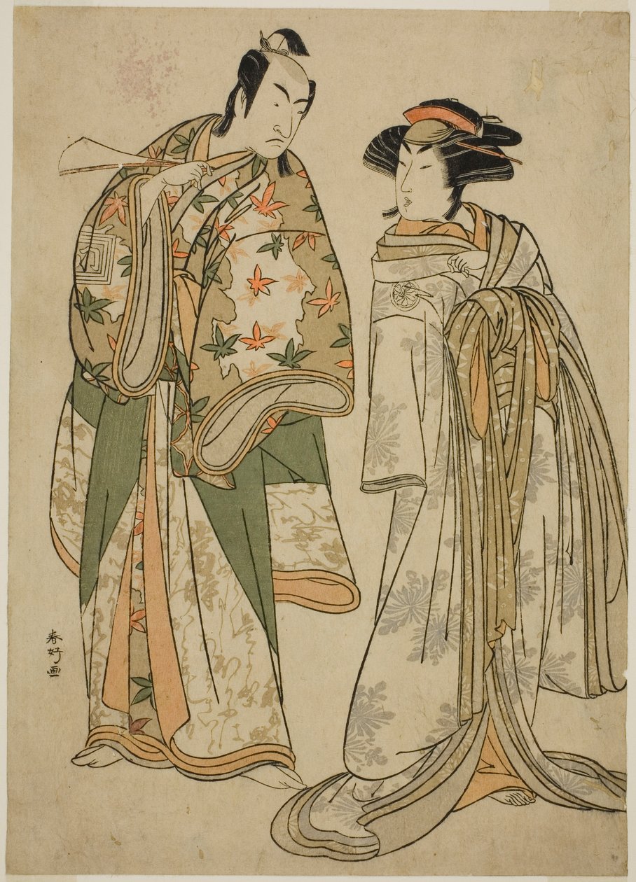 Los actores Segawa Kikunojo III como la cortesana Sumizome (derecha), e Ichikawa Monnosuke II como Goinosuke Yoshimine (izquierda), en la obra Juni-hitoe Komachi-zakura, representada en el Teatro Kiri en el undécimo mes de 1784. de Katsukawa Shunkо̄
