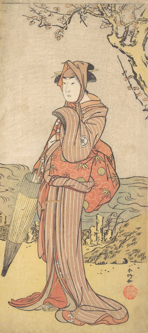 Iwai Kiyotaro como una mujer bajo un ciruelo, ca. 1788 de Katsukawa Shunko
