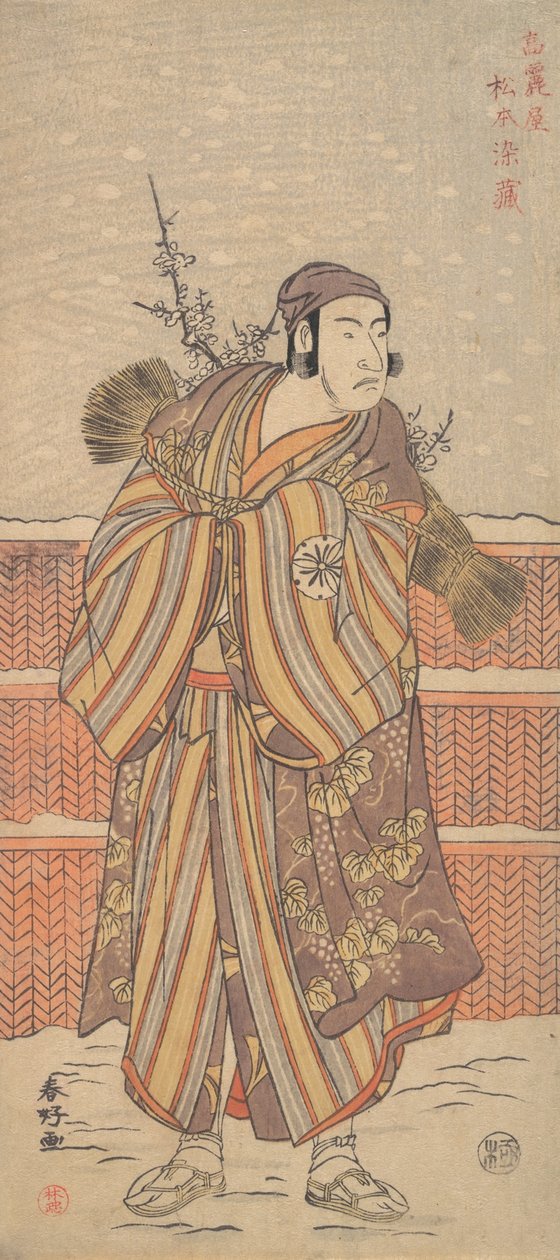Matsumoto Sumezo como un hombre con atuendo de invierno de pie en la nieve, ca. 1785-90 de Katsukawa Shunko