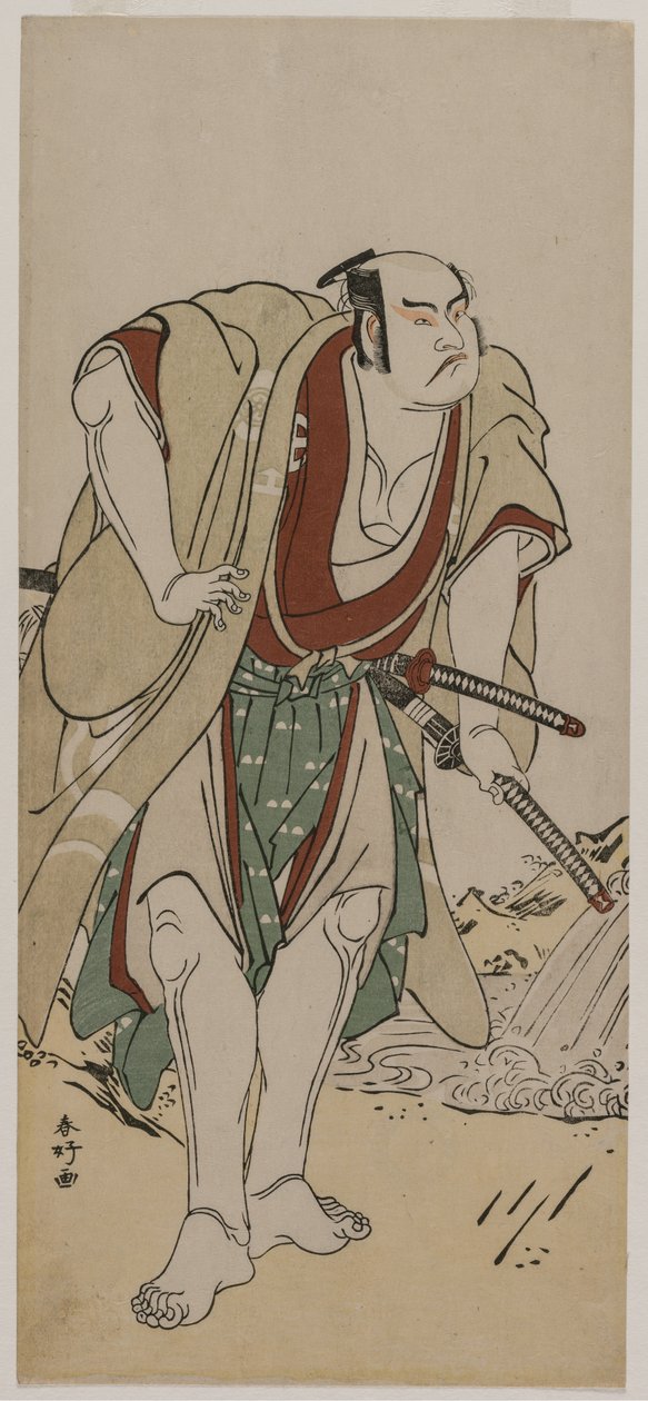 Otani Hiroji III como un samurái de pie junto a un arroyo de Katsukawa Shunko