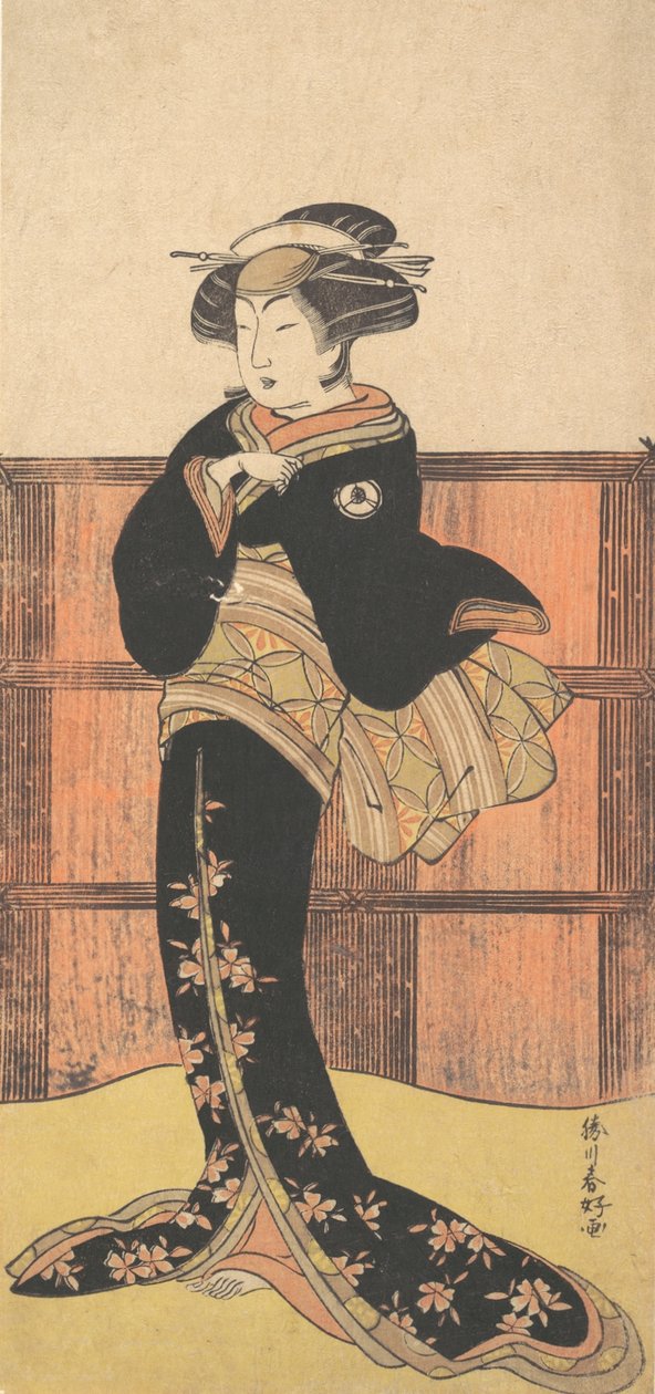 El cuarto Iwai Hanshiro como una mujer en un kimono negro, ca. 1778 de Katsukawa Shunko