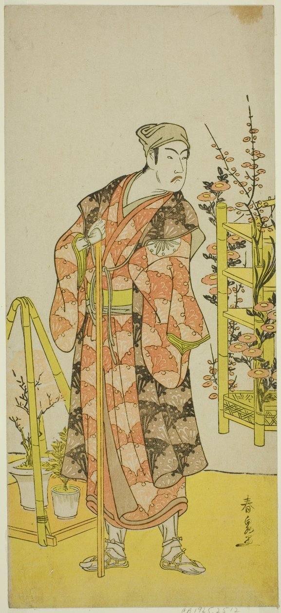 El actor Matsumoto Koshiro IV como el vendedor de plantas Awashima no Yonosuke en la obra Mukashi Otoko Yuki no Hinagata, representada en el Teatro Ichimura en el undécimo mes, 1781 de Katsukawa Shunsen