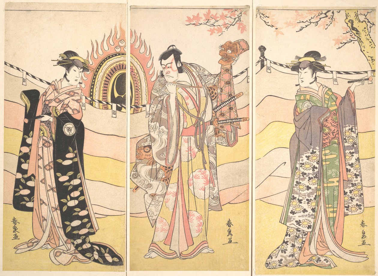 Tres Actores en Hermosos Trajes Realizando una Danza Religiosa de Katsukawa Shunsen