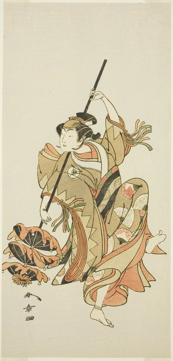 El actor Iwai Hanshirô IV interpreta la danza del triple paraguas en "Flor de Japón: Los cinco personajes de Ono no Komachi" ("Kuni no Hana Ono no Itsumoji") de Katsukawa Shunsho