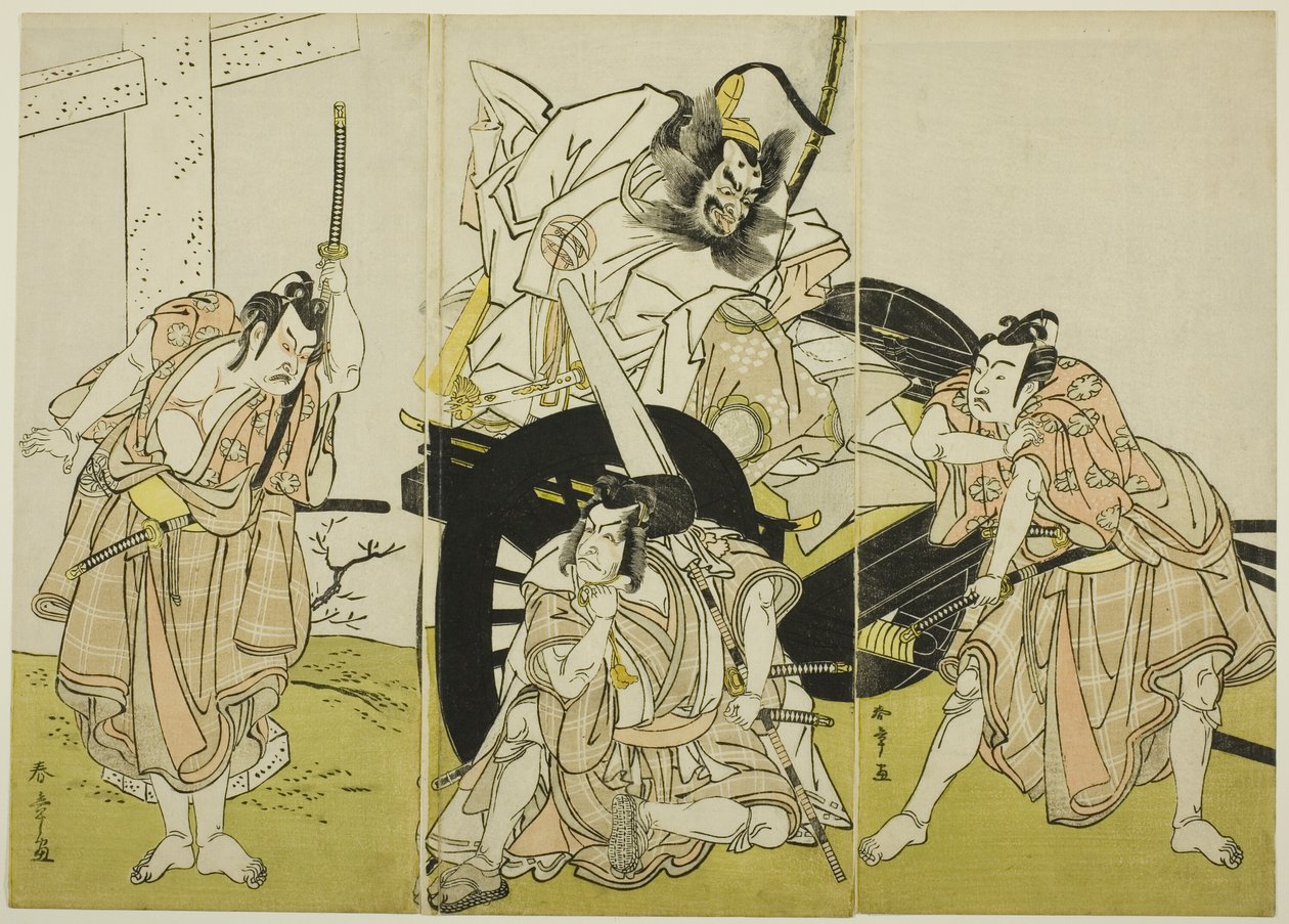 Los actores Nakajima Mihoemon II como Fujiwara no Shihei, Ichikawa Ebizô III como Matsuo-maru, Ichikawa Yaozô II como Sakura-maru, e Ichimura Uzaemon IX como Umeo-maru en "Los secretos de la caligrafía de Sugawara" ("Sugawara denju tenarai kagami"). de Katsukawa Shunsho