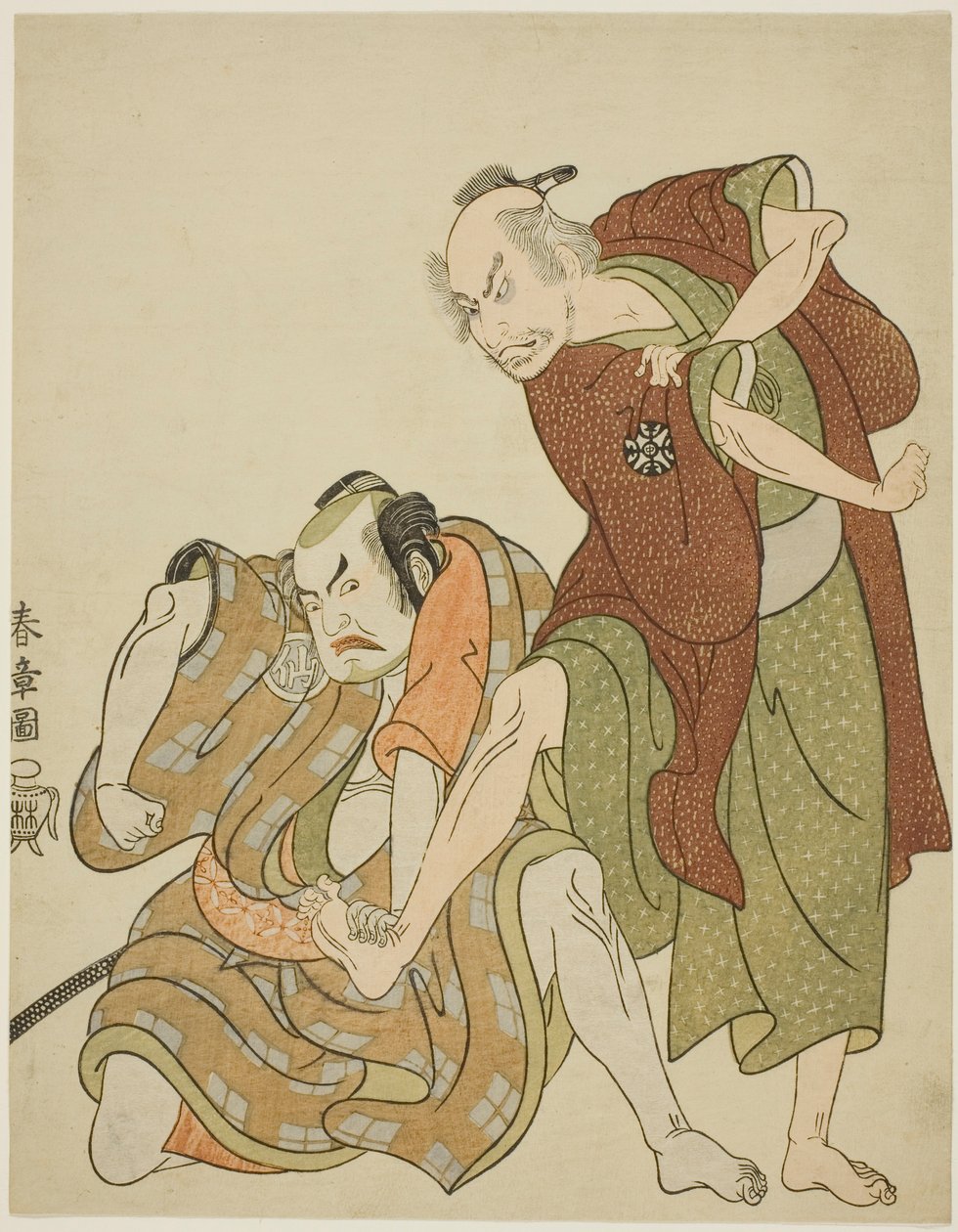 Actores interpretando los papeles de Giheiji y su yerno, Danshichi Kurobei de Katsukawa Shunsho