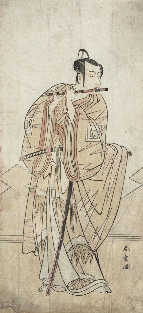 Un actor tocando la flauta (grabado en madera) de Katsukawa Shunsho