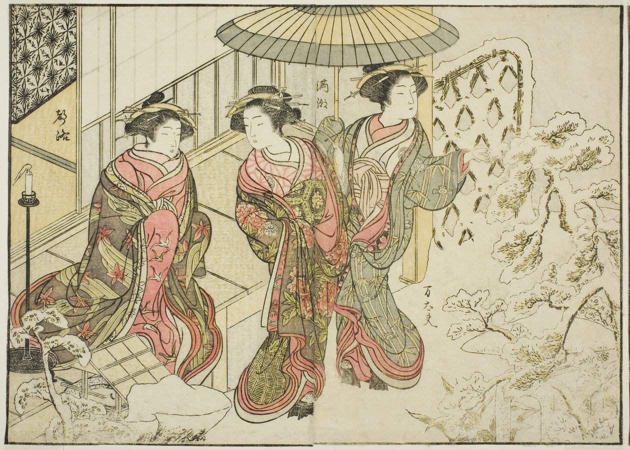 Cortesanas de Nakaomiya, del libro "Espejo de Mujeres Hermosas de los Barrios de Placer (Seiro bijin awase sugata kagami)," vol. 2 de Katsukawa Shunsho