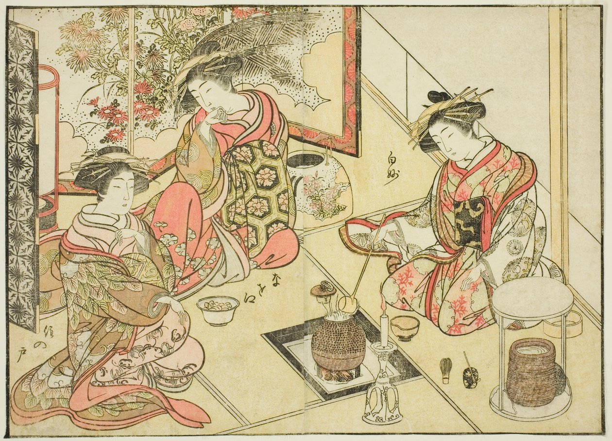 Cortesanas del Okaneya, del libro "Espejo de Mujeres Hermosas de los Barrios del Placer (Seiro bijin awase sugata kagami)," vol. 2 de Katsukawa Shunsho