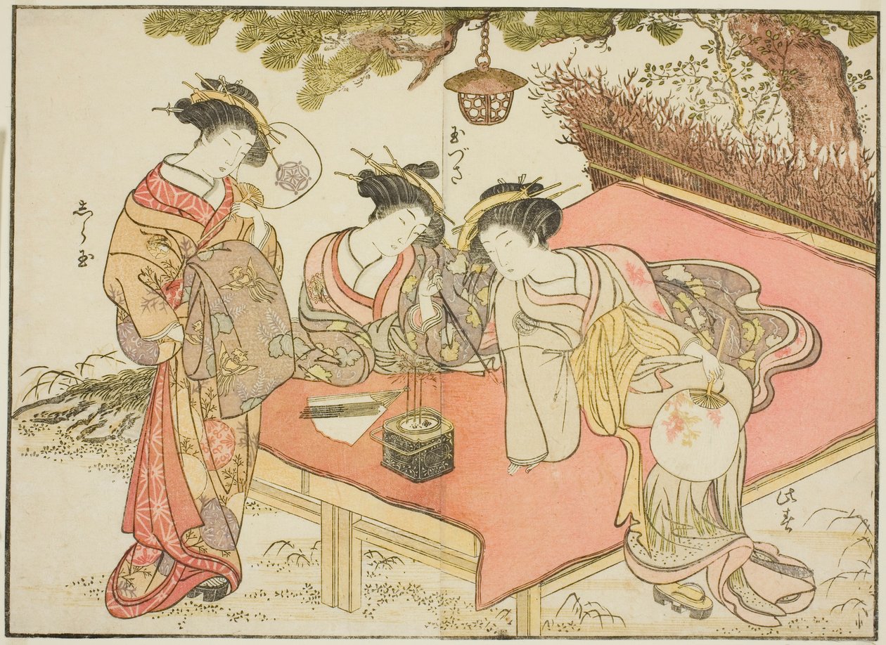 Cortesanas del Yadaya, del libro "Espejo de mujeres hermosas de los barrios de placer (Seiro bijin awase sugata kagami)," vol. 1 de Katsukawa Shunsho