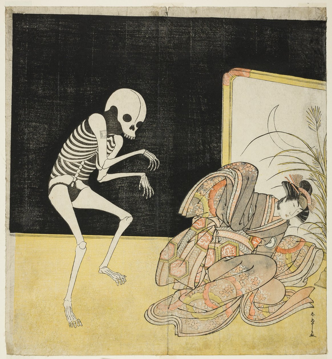 Ichikawa Danjūrō V como Esqueleto, Espíritu del Monje Renegado Seigen, e Iwai Hanshirō IV como la Princesa Cereza, en "Flor de Edo: Una saga de Ichikawa" (Edo no Hana Mimasu Soga). de Katsukawa Shunsho