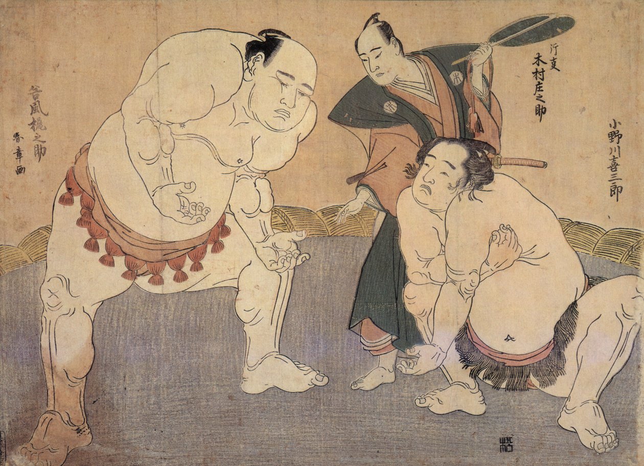 Onagawa Kisaburo y Tanikaze Kajinosuke ejecutan el Shiriki en el Dohyo, arbitrados por Kimura Shonosuke. de Katsukawa Shunsho
