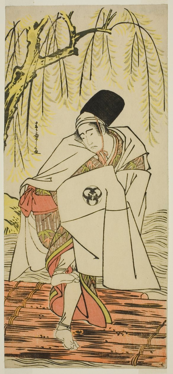 El actor Bando Mitsugoro I como el sacerdote sintoísta Goinosuke disfrazado del espíritu de una garza blanca, en la obra Sakikaese Yuki no Miyoshino, representada en el Teatro Morita en el undécimo mes, 1781 de Katsukawa Shunsho