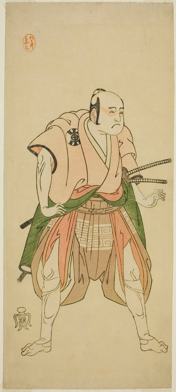 El actor Bando Sampachi I como Yawata no Saburo (?) en la obra Shuen Soga Omugaeshi (?), representada en el Teatro Ichimura (?) en el segundo mes de 1768 (?) de Katsukawa Shunsho