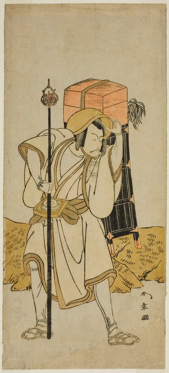 El actor Ichikawa Danjuro V como Moriya no Daijin disfrazado de Rokuju-rokubu en la obra Miya-bashira Iwao no Butai, representada en el Teatro Morita en el séptimo mes de 1773 de Katsukawa Shunsho