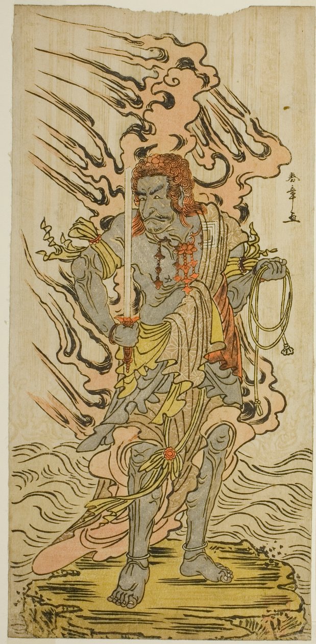 El actor Ichikawa Danjuro V como una imagen de piedra de Fudo Myoo en la obra Kitekaeru Nishiki no Wakayaka, representada en el Teatro Nakamura en el undécimo mes de 1780 de Katsukawa Shunsho