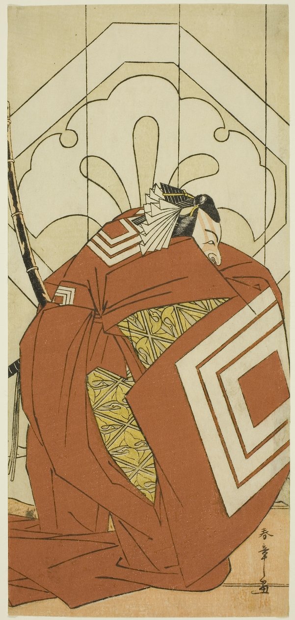 El actor Ichikawa Danjuro V en el papel de "Shibaraku", probablemente como Kato Hyoeisa Shigemitsu, en la tercera escena de la obra Masakado Kammuri no Hatsuyuki (La primera nevada en el tocado de la corte de Taira no Masakado), representada en el Teatro N de Katsukawa Shunsho