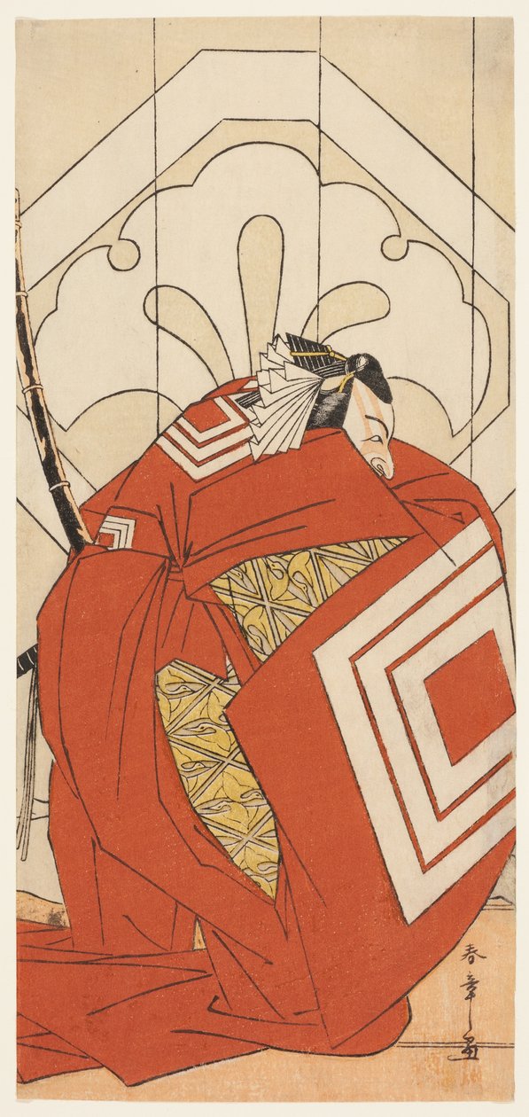 El actor Ichikawa Danjuro V en el papel de "Shibaraku", probablemente como Kato Hyoeisa Shigemitsu, en la tercera escena de la obra Masakado Kammuri no Hatsuyuki (La primera nevada en el tocado de la corte de Taira no Masakado), representada en el Teatro N de Katsukawa Shunsho