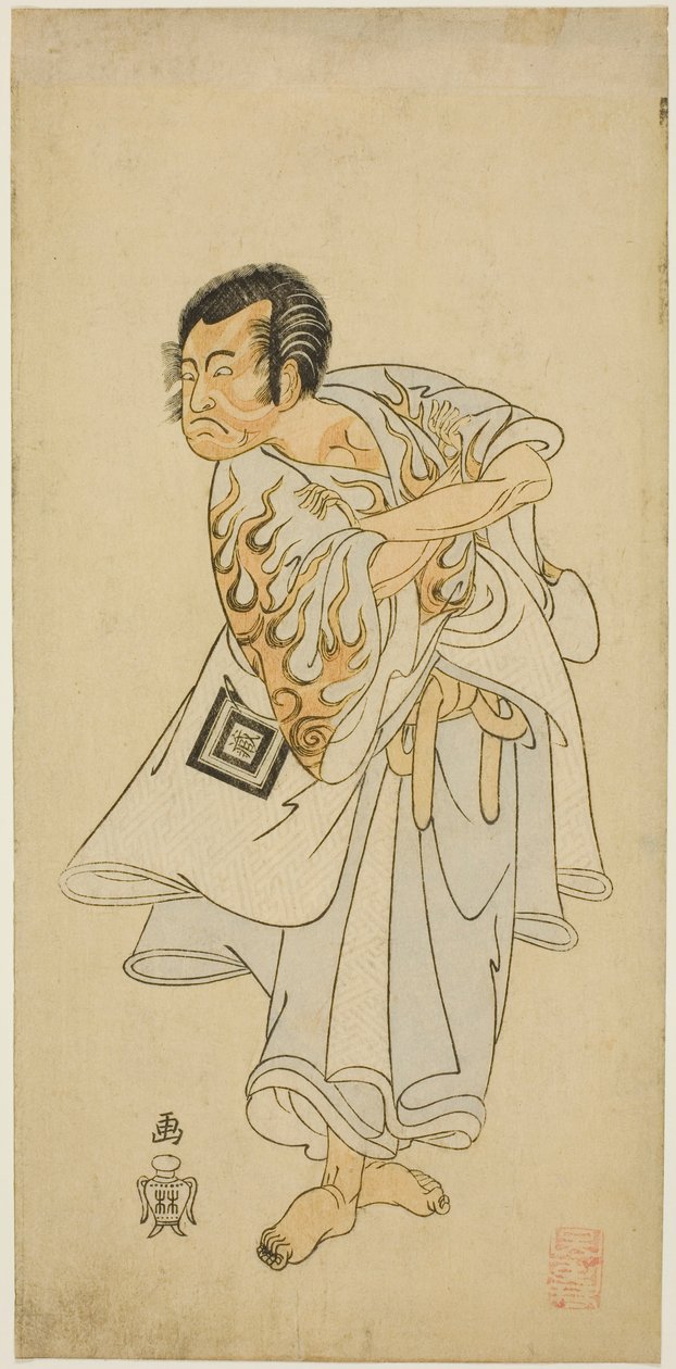 El actor Ichikawa Danzo III como el ermitaño santo Narukami en la obra "Narukami", representada con "Miyakodori Azuma Komachi (Pájaro de la capital: Komachi del Este)" en el Teatro Morita en el tercer mes, 1768 de Katsukawa Shunsho