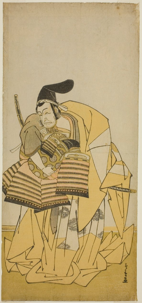 El actor Ichikawa Ebizo III como Kudo Saemon Suketsune en la obra Kamuri Kotoba Soga no Yukari, representada en el Teatro Ichimura en el primer mes de 1776 de Katsukawa Shunsho