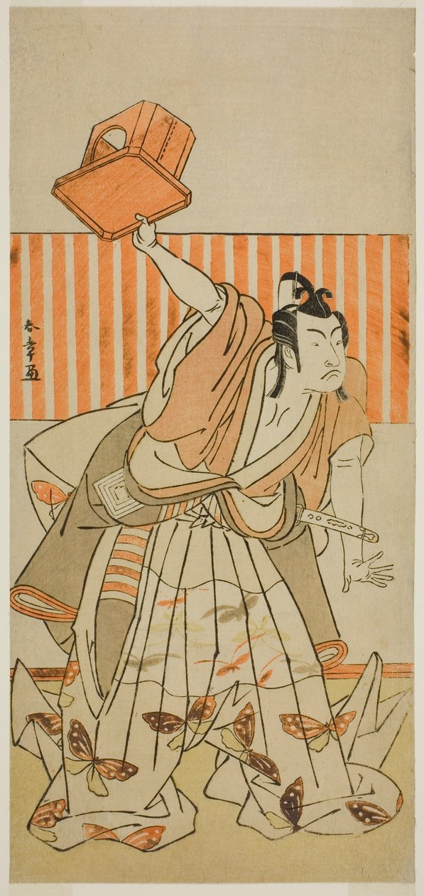 El actor Ichikawa Monnosuke II como Ageha no Chokichi disfrazado de Soga no Goro Tokimune en la obra Kaido Ichi Yawaragi Soga, representada en el Teatro Nakamura en el tercer mes, 1778 de Katsukawa Shunsho