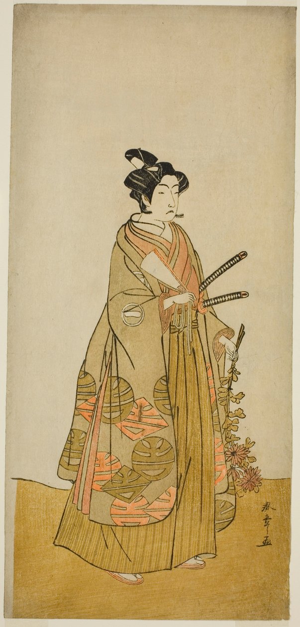 El actor Ichikawa Monnosuke II como Kichisaburo, paje del templo de Kichijo-ji, en la obra Sono Kyodai Fuji no Sugatami, representada en el Teatro Morita en el segundo mes de 1776 de Katsukawa Shunsho