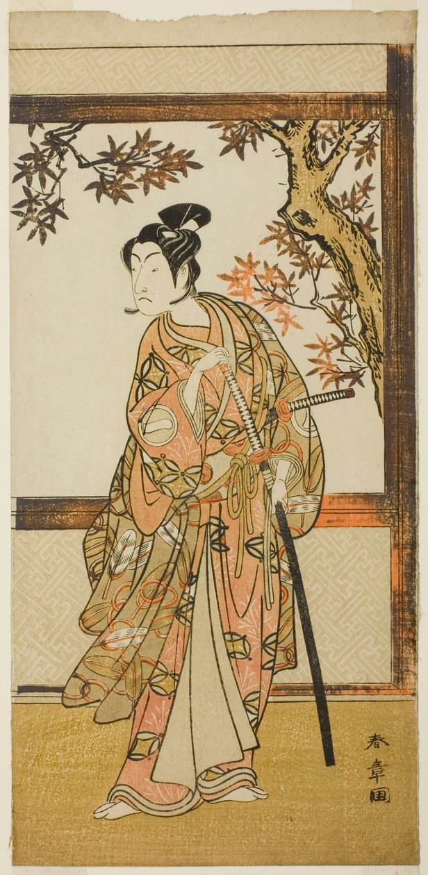 El actor Ichikawa Monnosuke II como Shinokobe Shoji Yukihira en la obra Gohiiki Kanjincho, representada en el Teatro Nakamura en el undécimo mes de 1773 de Katsukawa Shunsho