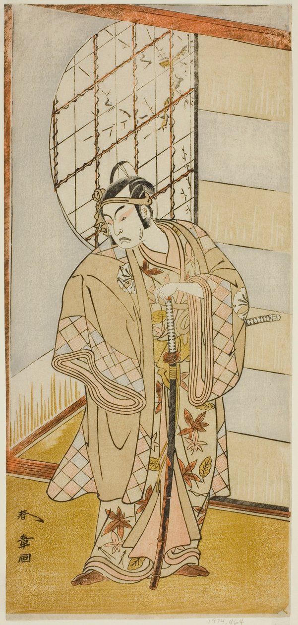 El actor Matsumoto Koshiro IV como Matsuo-maru en la obra Sugawara Denju Tenarai Kagami, representada en el Teatro Nakamura en el noveno mes, 1773 de Katsukawa Shunsho